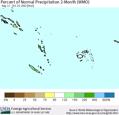 Fiji, Samoa, Solomon Isl. and Vanuatu Percent of Normal Precipitation 2-Month (WMO) Thematic Map For 8/11/2022 - 10/10/2022