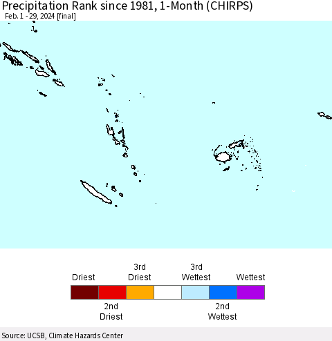 Fiji, Samoa, Solomon Isl. and Vanuatu Precipitation Rank since 1981, 1-Month (CHIRPS) Thematic Map For 2/1/2024 - 2/29/2024