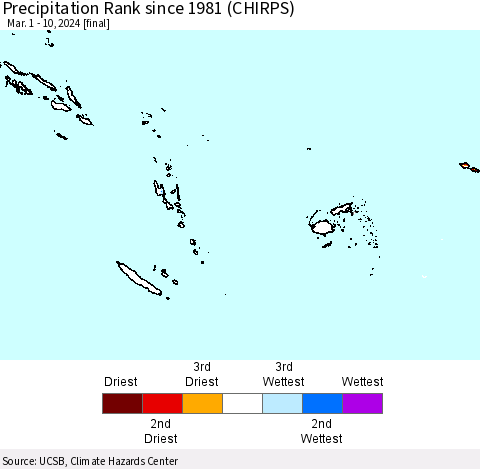 Fiji, Samoa, Solomon Isl. and Vanuatu Precipitation Rank since 1981 (CHIRPS) Thematic Map For 3/1/2024 - 3/10/2024