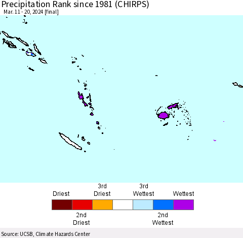 Fiji, Samoa, Solomon Isl. and Vanuatu Precipitation Rank since 1981 (CHIRPS) Thematic Map For 3/11/2024 - 3/20/2024