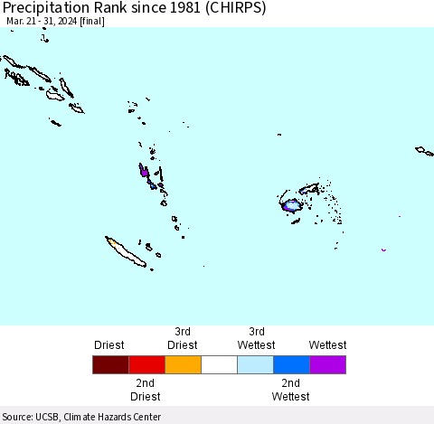 Fiji, Samoa, Solomon Isl. and Vanuatu Precipitation Rank since 1981 (CHIRPS) Thematic Map For 3/21/2024 - 3/31/2024