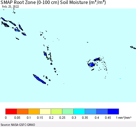 Fiji, Samoa, Solomon Isl. and Vanuatu SMAP Root Zone (0-100 cm) Soil Moisture (m³/m³) Thematic Map For 2/21/2022 - 2/25/2022
