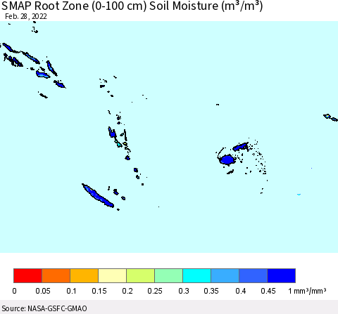Fiji, Samoa, Solomon Isl. and Vanuatu SMAP Root Zone (0-100 cm) Soil Moisture (m³/m³) Thematic Map For 2/26/2022 - 2/28/2022
