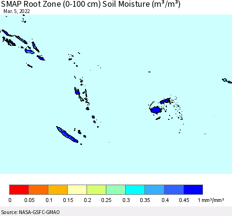 Fiji, Samoa, Solomon Isl. and Vanuatu SMAP Root Zone (0-100 cm) Soil Moisture (m³/m³) Thematic Map For 3/1/2022 - 3/5/2022