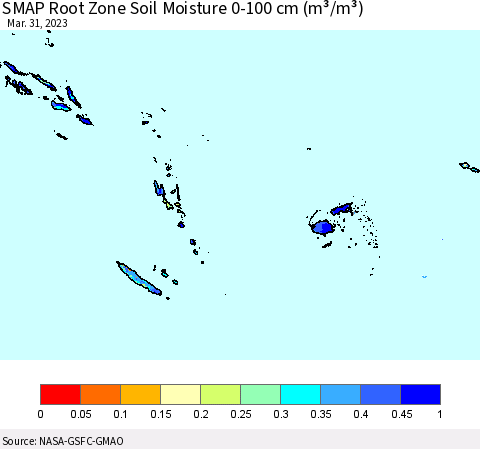 Fiji, Samoa, Solomon Isl. and Vanuatu SMAP Root Zone (0-100 cm) Soil Moisture (m³/m³) Thematic Map For 3/26/2023 - 3/31/2023