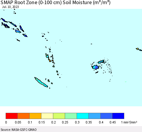 Fiji, Samoa, Solomon Isl. and Vanuatu SMAP Root Zone (0-100 cm) Soil Moisture (m³/m³) Thematic Map For 7/6/2023 - 7/10/2023