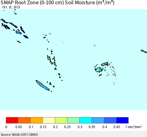 Fiji, Samoa, Solomon Isl. and Vanuatu SMAP Root Zone (0-100 cm) Soil Moisture (m³/m³) Thematic Map For 10/26/2023 - 10/31/2023