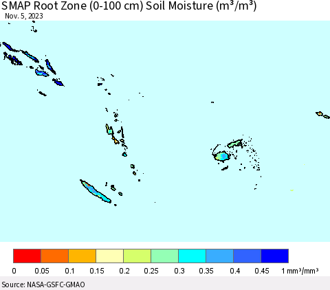Fiji, Samoa, Solomon Isl. and Vanuatu SMAP Root Zone (0-100 cm) Soil Moisture (m³/m³) Thematic Map For 11/1/2023 - 11/5/2023