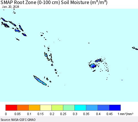 Fiji, Samoa, Solomon Isl. and Vanuatu SMAP Root Zone (0-100 cm) Soil Moisture (m³/m³) Thematic Map For 1/16/2024 - 1/20/2024
