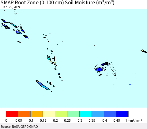 Fiji, Samoa, Solomon Isl. and Vanuatu SMAP Root Zone (0-100 cm) Soil Moisture (m³/m³) Thematic Map For 1/21/2024 - 1/25/2024