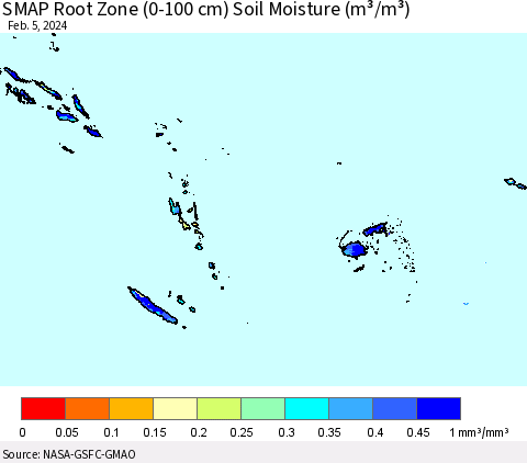 Fiji, Samoa, Solomon Isl. and Vanuatu SMAP Root Zone (0-100 cm) Soil Moisture (m³/m³) Thematic Map For 2/1/2024 - 2/5/2024