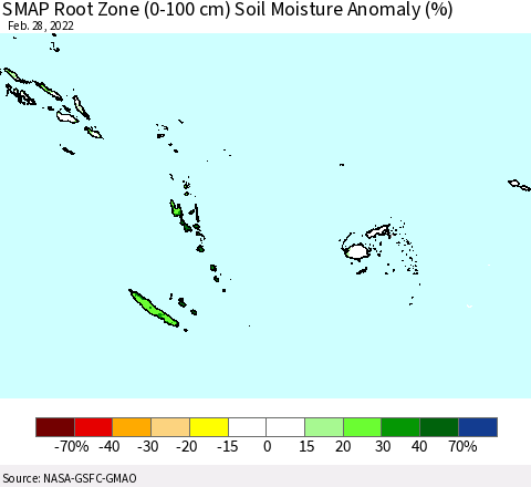 Fiji, Samoa, Solomon Isl. and Vanuatu SMAP Root Zone (0-100 cm) Soil Moisture Anomaly (%) Thematic Map For 2/26/2022 - 2/28/2022
