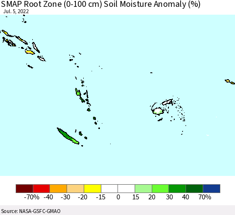 Fiji, Samoa, Solomon Isl. and Vanuatu SMAP Root Zone (0-100 cm) Soil Moisture Anomaly (%) Thematic Map For 7/1/2022 - 7/5/2022