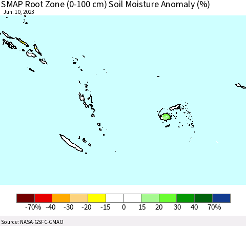 Fiji, Samoa, Solomon Isl. and Vanuatu SMAP Root Zone (0-100 cm) Soil Moisture Anomaly (%) Thematic Map For 6/6/2023 - 6/10/2023