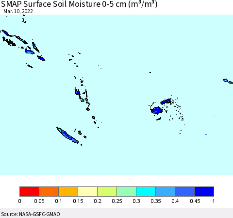 Fiji, Samoa, Solomon Isl. and Vanuatu SMAP Surface (0-5 cm) Soil Moisture (m³/m³) Thematic Map For 3/6/2022 - 3/10/2022