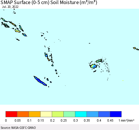 Fiji, Samoa, Solomon Isl. and Vanuatu SMAP Surface (0-5 cm) Soil Moisture (m³/m³) Thematic Map For 7/16/2022 - 7/20/2022