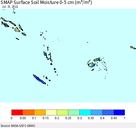 Fiji, Samoa, Solomon Isl. and Vanuatu SMAP Surface (0-5 cm) Soil Moisture (m³/m³) Thematic Map For 7/26/2022 - 7/31/2022
