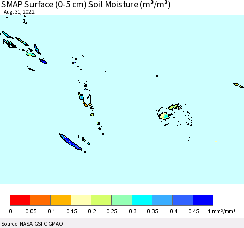 Fiji, Samoa, Solomon Isl. and Vanuatu SMAP Surface (0-5 cm) Soil Moisture (m³/m³) Thematic Map For 8/26/2022 - 8/31/2022