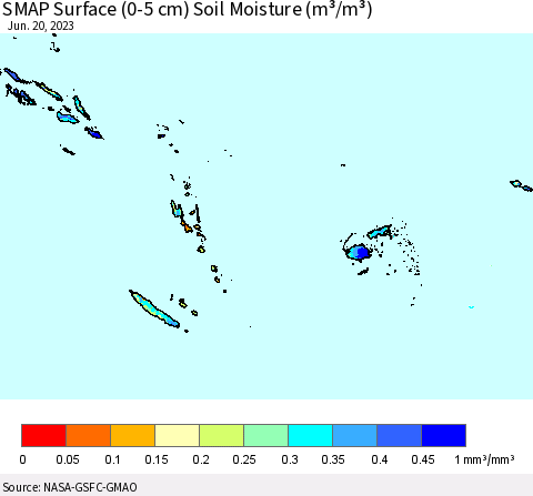 Fiji, Samoa, Solomon Isl. and Vanuatu SMAP Surface (0-5 cm) Soil Moisture (m³/m³) Thematic Map For 6/16/2023 - 6/20/2023