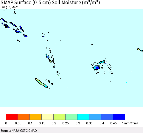 Fiji, Samoa, Solomon Isl. and Vanuatu SMAP Surface (0-5 cm) Soil Moisture (m³/m³) Thematic Map For 8/1/2023 - 8/5/2023