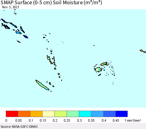 Fiji, Samoa, Solomon Isl. and Vanuatu SMAP Surface (0-5 cm) Soil Moisture (m³/m³) Thematic Map For 11/1/2023 - 11/5/2023