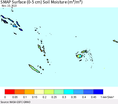 Fiji, Samoa, Solomon Isl. and Vanuatu SMAP Surface (0-5 cm) Soil Moisture (m³/m³) Thematic Map For 11/6/2023 - 11/10/2023