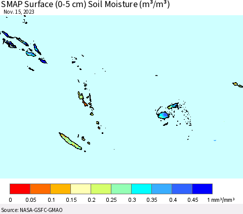 Fiji, Samoa, Solomon Isl. and Vanuatu SMAP Surface (0-5 cm) Soil Moisture (m³/m³) Thematic Map For 11/11/2023 - 11/15/2023