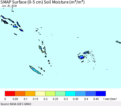 Fiji, Samoa, Solomon Isl. and Vanuatu SMAP Surface (0-5 cm) Soil Moisture (m³/m³) Thematic Map For 1/16/2024 - 1/20/2024