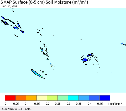 Fiji, Samoa, Solomon Isl. and Vanuatu SMAP Surface (0-5 cm) Soil Moisture (m³/m³) Thematic Map For 1/21/2024 - 1/25/2024