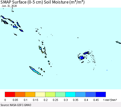 Fiji, Samoa, Solomon Isl. and Vanuatu SMAP Surface (0-5 cm) Soil Moisture (m³/m³) Thematic Map For 1/26/2024 - 1/31/2024