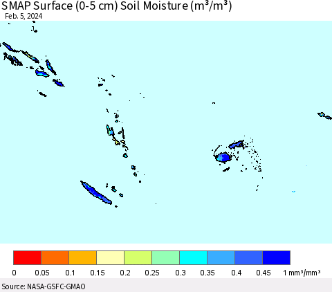Fiji, Samoa, Solomon Isl. and Vanuatu SMAP Surface (0-5 cm) Soil Moisture (m³/m³) Thematic Map For 2/1/2024 - 2/5/2024