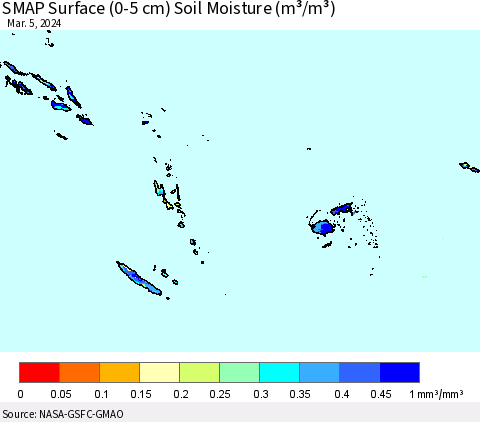 Fiji, Samoa, Solomon Isl. and Vanuatu SMAP Surface (0-5 cm) Soil Moisture (m³/m³) Thematic Map For 3/1/2024 - 3/5/2024