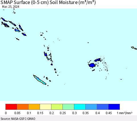 Fiji, Samoa, Solomon Isl. and Vanuatu SMAP Surface (0-5 cm) Soil Moisture (m³/m³) Thematic Map For 3/21/2024 - 3/25/2024