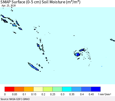 Fiji, Samoa, Solomon Isl. and Vanuatu SMAP Surface (0-5 cm) Soil Moisture (m³/m³) Thematic Map For 4/21/2024 - 4/25/2024