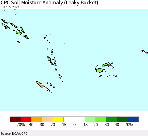 Fiji, Samoa, Solomon Isl. and Vanuatu CPC Soil Moisture Anomaly (Leaky Bucket) Thematic Map For 1/1/2022 - 1/5/2022