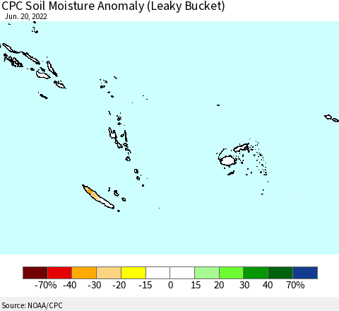 Fiji, Samoa, Solomon Isl. and Vanuatu CPC Soil Moisture Anomaly (Leaky Bucket) Thematic Map For 6/16/2022 - 6/20/2022