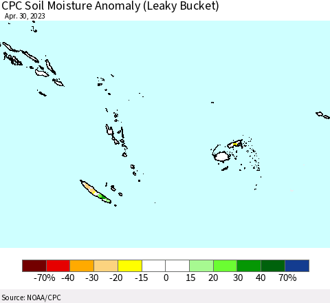 Fiji, Samoa, Solomon Isl. and Vanuatu CPC Soil Moisture Anomaly (Leaky Bucket) Thematic Map For 4/26/2023 - 4/30/2023