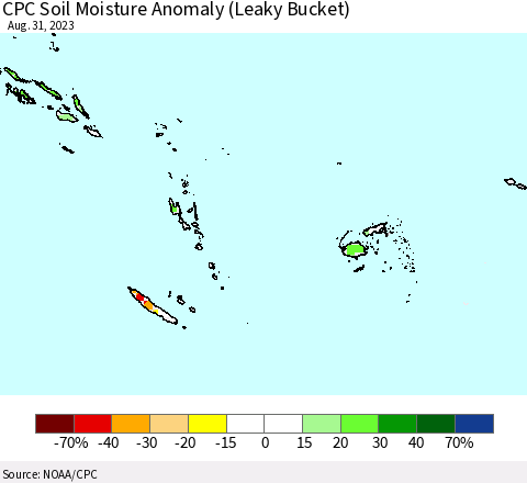 Fiji, Samoa, Solomon Isl. and Vanuatu CPC Soil Moisture Anomaly (Leaky Bucket) Thematic Map For 8/26/2023 - 8/31/2023