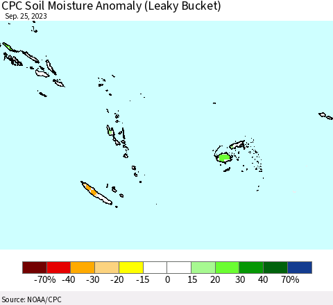Fiji, Samoa, Solomon Isl. and Vanuatu CPC Soil Moisture Anomaly (Leaky Bucket) Thematic Map For 9/21/2023 - 9/25/2023