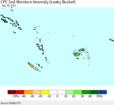 Fiji, Samoa, Solomon Isl. and Vanuatu CPC Soil Moisture Anomaly (Leaky Bucket) Thematic Map For 9/26/2023 - 9/30/2023