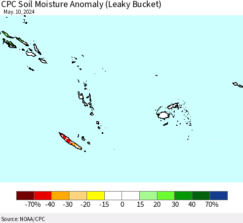 Fiji, Samoa, Solomon Isl. and Vanuatu CPC Soil Moisture Anomaly (Leaky Bucket) Thematic Map For 5/6/2024 - 5/10/2024