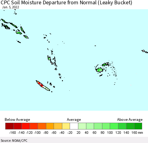 Fiji, Samoa, Solomon Isl. and Vanuatu CPC Soil Moisture Departure from Normal (Leaky Bucket) Thematic Map For 1/1/2022 - 1/5/2022
