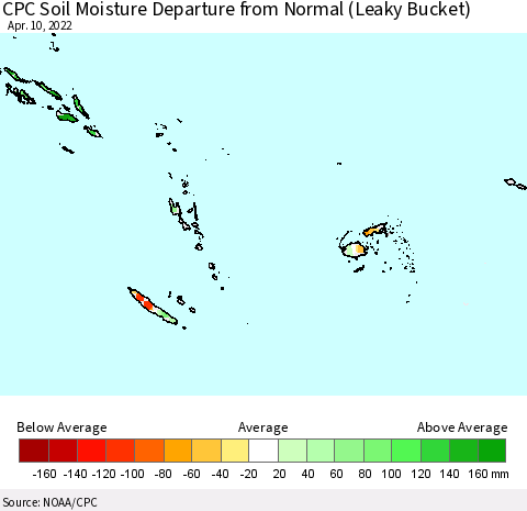 Fiji, Samoa, Solomon Isl. and Vanuatu CPC Soil Moisture Departure from Normal (Leaky Bucket) Thematic Map For 4/6/2022 - 4/10/2022