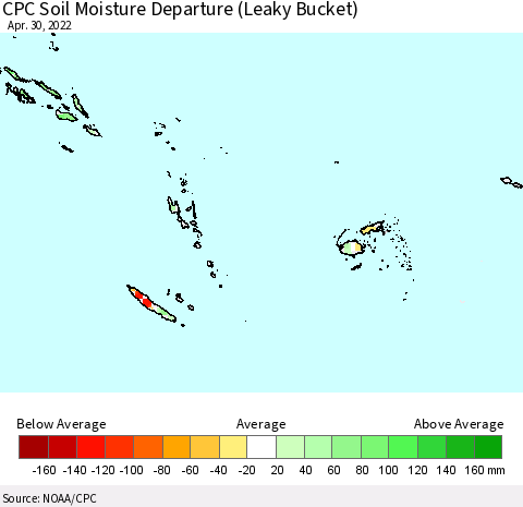 Fiji, Samoa, Solomon Isl. and Vanuatu CPC Soil Moisture Departure from Normal (Leaky Bucket) Thematic Map For 4/26/2022 - 4/30/2022