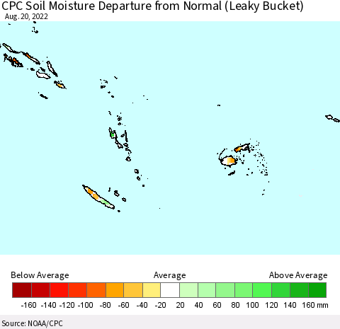 Fiji, Samoa, Solomon Isl. and Vanuatu CPC Soil Moisture Departure from Normal (Leaky Bucket) Thematic Map For 8/16/2022 - 8/20/2022