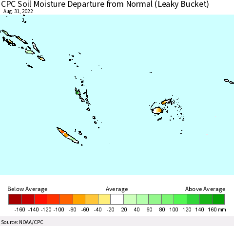 Fiji, Samoa, Solomon Isl. and Vanuatu CPC Soil Moisture Departure from Normal (Leaky Bucket) Thematic Map For 8/26/2022 - 8/31/2022