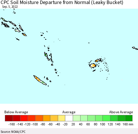 Fiji, Samoa, Solomon Isl. and Vanuatu CPC Soil Moisture Departure from Normal (Leaky Bucket) Thematic Map For 9/1/2022 - 9/5/2022