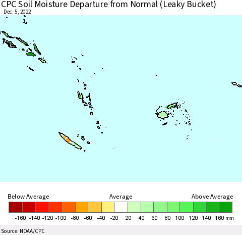 Fiji, Samoa, Solomon Isl. and Vanuatu CPC Soil Moisture Departure from Normal (Leaky Bucket) Thematic Map For 12/1/2022 - 12/5/2022
