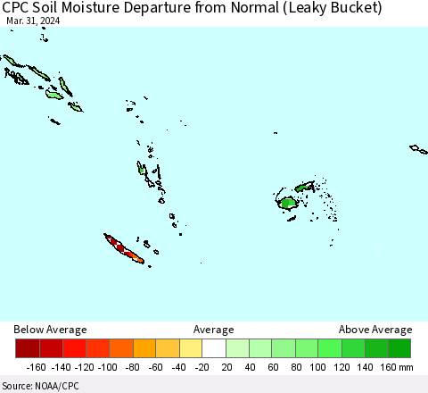 Fiji, Samoa, Solomon Isl. and Vanuatu CPC Soil Moisture Departure from Normal (Leaky Bucket) Thematic Map For 3/26/2024 - 3/31/2024