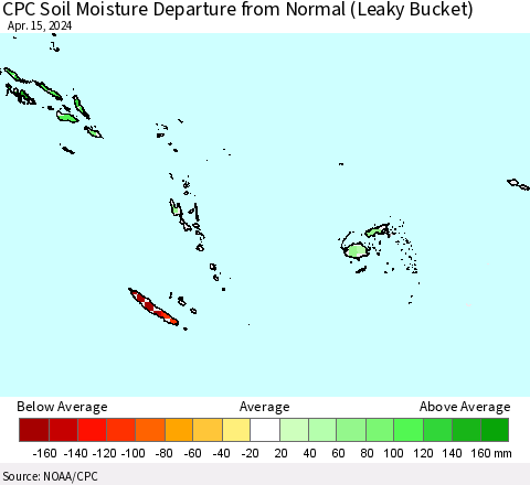 Fiji, Samoa, Solomon Isl. and Vanuatu CPC Soil Moisture Departure from Normal (Leaky Bucket) Thematic Map For 4/11/2024 - 4/15/2024
